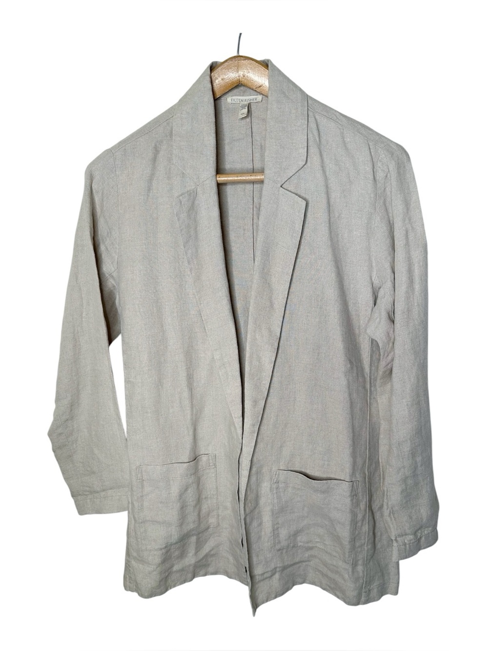 Eileen Fisher Organic Linen Blazer Jacket Size Medium Open Front Pockets Beige
